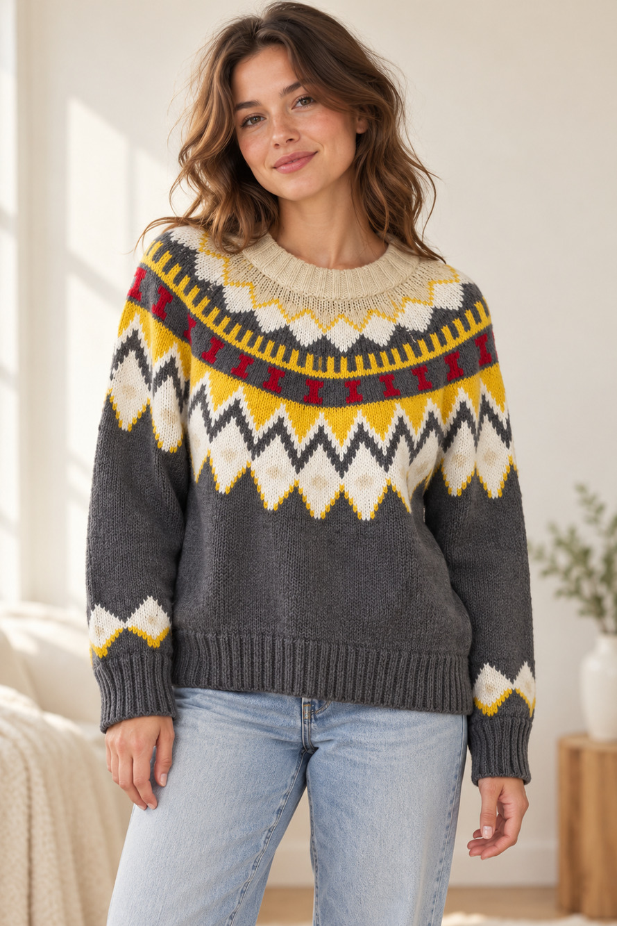 Aerie Fair Isle Chunky Knit Oversized Sweater Gray Yellow Red Womens S Oversized